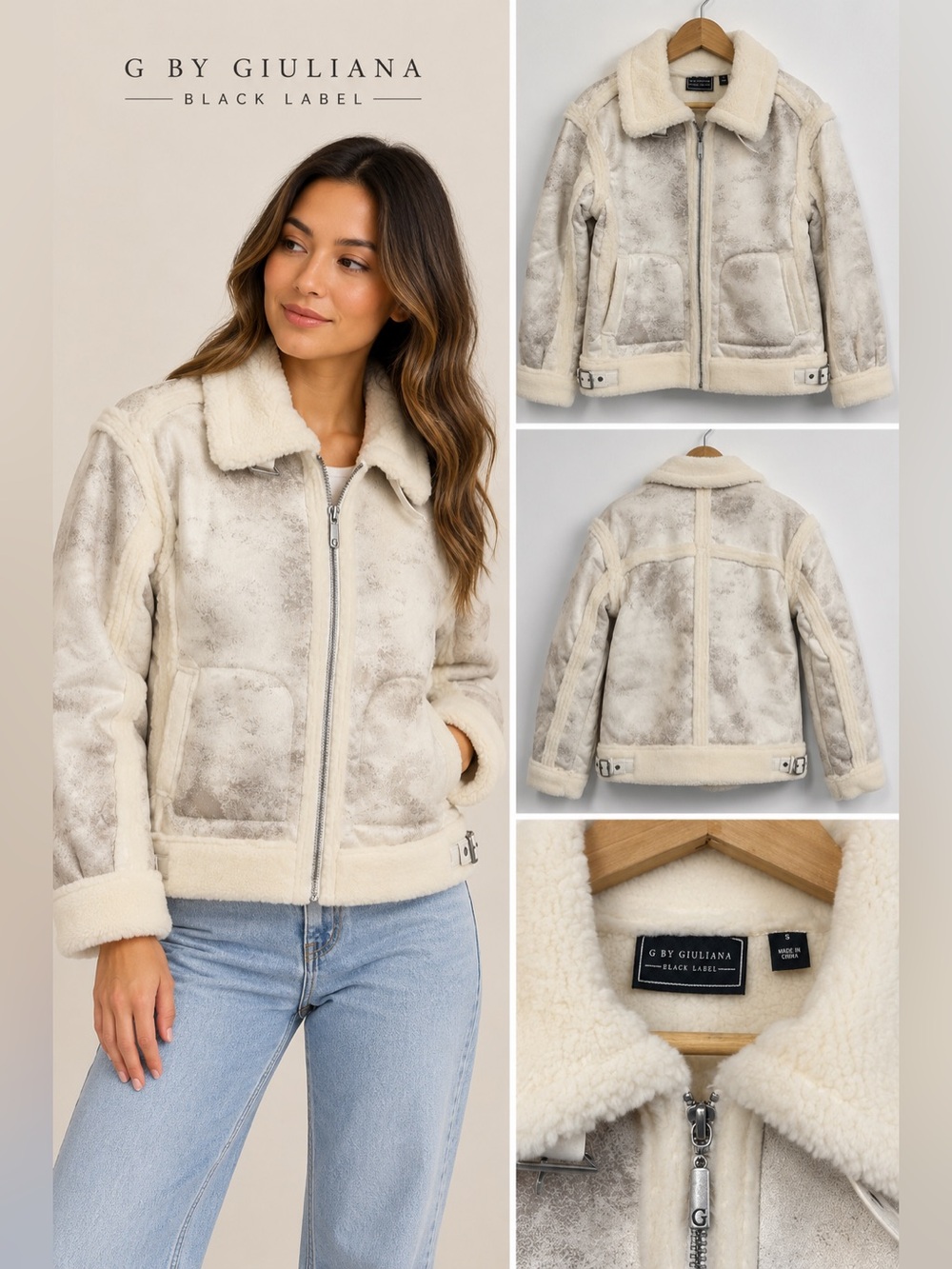 G by Giuliana Black Label Faux Suede Shearling Jacket Ivory Size Small, NEW